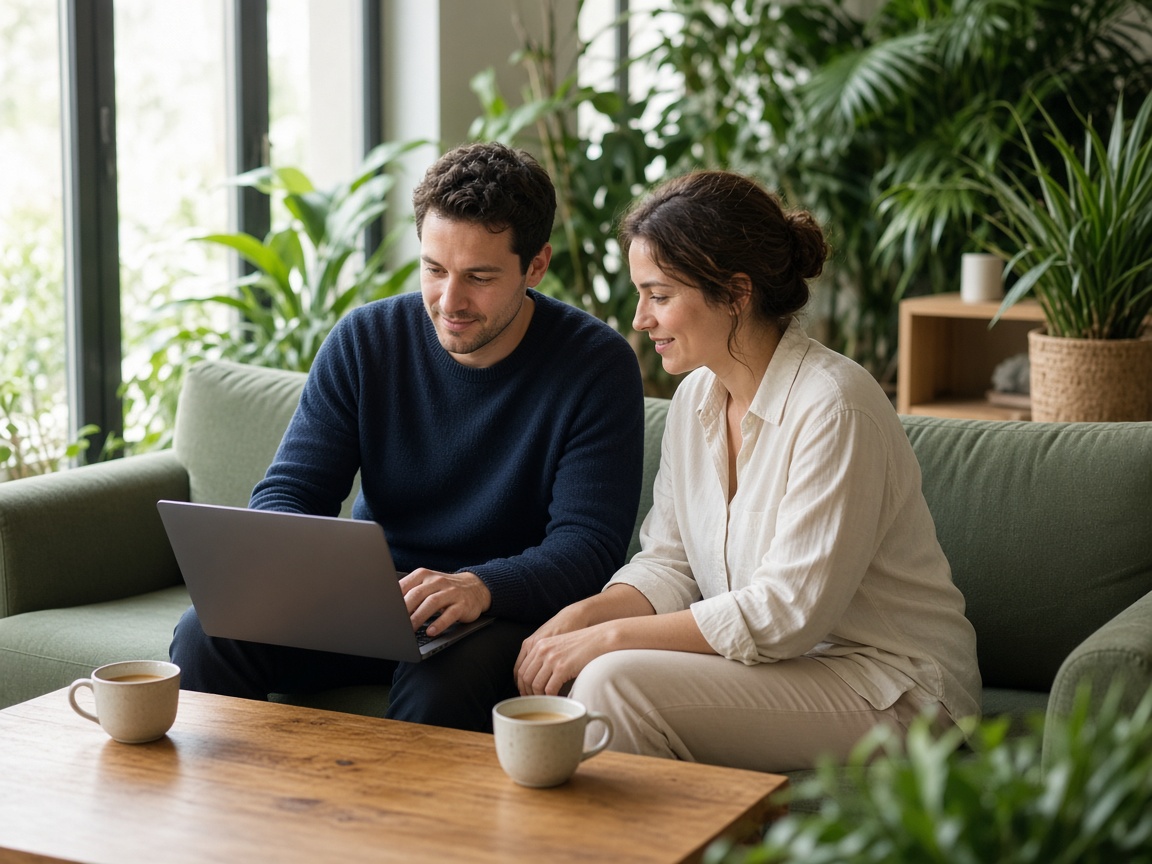 Two people reviewing work together in a bright coworking lounge